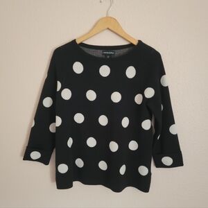 Cynthia Rowley Bateau Neck 3/4 Sleeve black white polka dot sweater blouse top